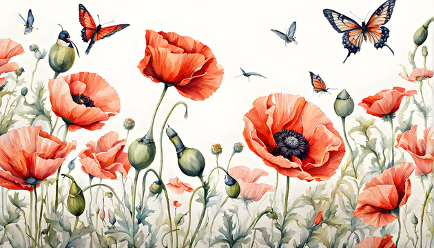 Red poppies with butterflies on white background. Watercolor illustration.