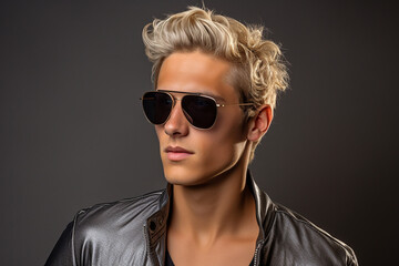 Studio portrait of handsome blonde man in sunglasses on different colours background