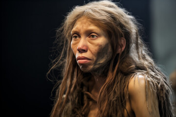 close up portrait of a neaderthal woman cavewoman