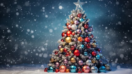 Christmas tree covered with snow and decorated with colorful balls with painted snowflakes.