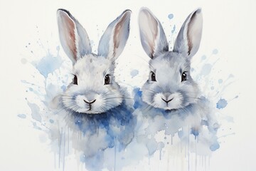 Blue jacketed watercolor bunnies. Generative AI