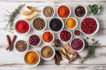 Set of various herbs and spices on a white background. Generative AI.