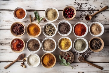 Set of various herbs and spices on a white background. Generative AI.