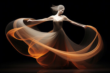 Lifestyle, fashion and style concept. Long exposure of woman dancer silhouette with long dress in black background. Glowing colorful light trails motion effect. Futuristic and surreal style