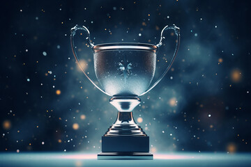 A silver cup on a beautiful winning dark background, the theme of winning the competition and taking first place.generative ai
