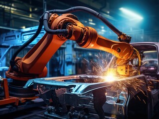 Industrial robot is welding assembly steel part in car factory