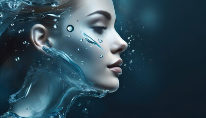 Human face silhouette in water form on a dark background