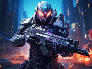 Sci-fi character in futuristic suit holding two guns