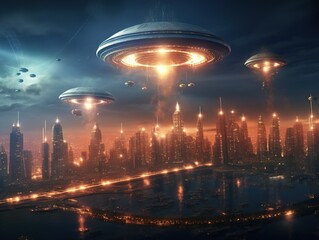 Fototapeta na wymiar UFO Invasion of Futuristic City