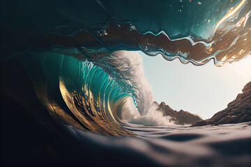 ocean wave rolls, view from below, Generative Ai