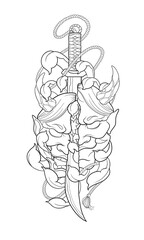 Hannya with Dagger and Flowers Tattoo Stencil T-shirt Print