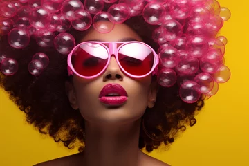 Sierkussen Fashion, make-up, style concept. Beautiful afro woman with soap bubbles and sunglasses minimalist close-up studio portrait. Vivid colors, pop-art style © Rytis