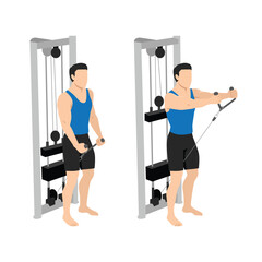 Fototapeta na wymiar Man doing Cable rope front raise exercise. Flat vector illustration isolated on white background