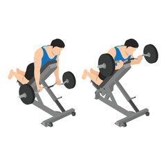 Man doing reverse incline bench barbell curl exercise. Flat vector illustration isolated on white background - obrazy, fototapety, plakaty