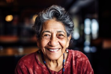 Smiling hispanic senior woman posing inside a restaurant - obrazy, fototapety, plakaty
