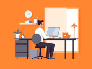 A man is working in an office. Using a computer. 2D illustration image.