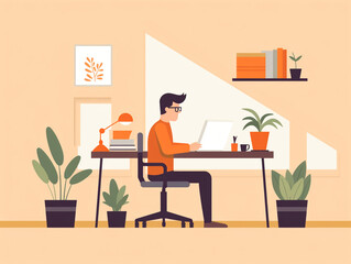 A man is working in an office. Using a computer. 2D illustration image.