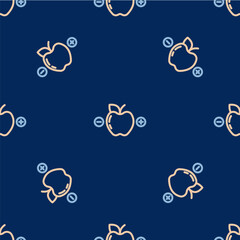 Line Calorie calculator icon isolated on isolated seamless pattern on blue background. Calorie count. Diet. Weight loss. Portion control. Healthy eating. Dietary nutrition. Vector