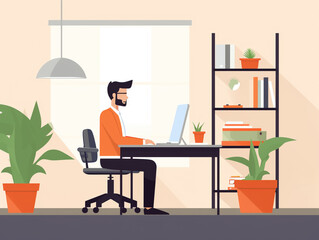 A man is working in an office. Using a computer. 2D illustration image.