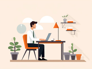 A man is working in an office. Using a computer. 2D illustration image.