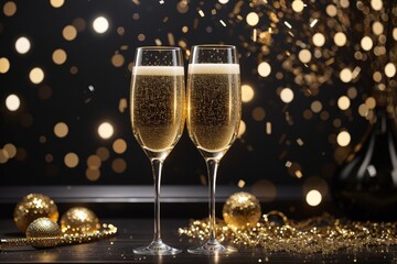 Celebration Concept: Champagne Glasses and Ribbons. Holiday, Christmas, New Year