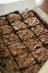 Freshly baked brownies cut into squares on parchment paper, ideal for dessert blogs.