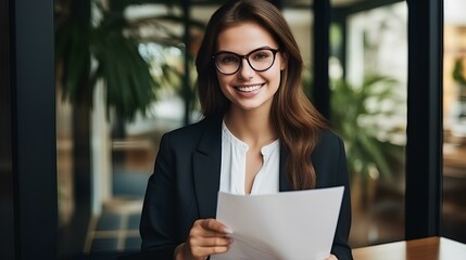 Smiling elegant businesswoman holding documents and looking at camera while working from home office. efficient telecommuting concept. generative AI