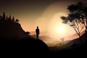 Fototapeta premium A man against the backdrop of a bright sunset. AI Generated