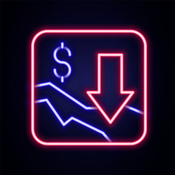 Glowing neon line Financial growth decrease icon isolated on brick wall background. Increasing revenue. Colorful outline concept. Vector