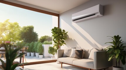 Air conditioning source heat pump split installed in the room - obrazy, fototapety, plakaty