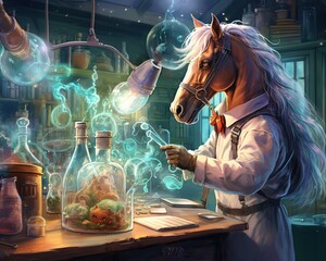 Horse Microbiologist researching beneficial microbes - obrazy, fototapety, plakaty