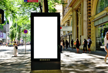 billboard on busy street. blank white poster and advertiser ad space. digital outdoor display lightbox. base for mockup. empty display panel. glass design. soft streetscape. shopping street background - obrazy, fototapety, plakaty