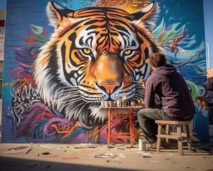 Tiger Artist painting a vibrant mural