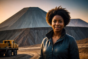 Portrait of the confident woman driver of a heavy mining dump truck. The concept of gender equality
