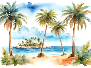 Sunset. Ocean beach with palm trees. Colored sky with clouds. Spring break or Summer vacations in Florida. Beautiful Seascape. Watercolor painting. Acrylic drawing art. A piece of art.