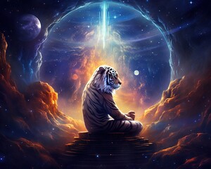 Tiger Deep space philosopher contemplating cosmic existence - obrazy, fototapety, plakaty