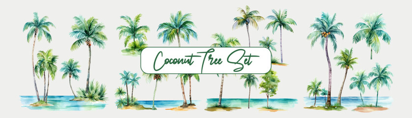 Set Watercolor Coconut Tree Illustration Vector. Transport yourself to a tropical paradise with this extensive collection of watercolor coconut tree illustrations in vector format