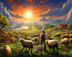 Sheep Farmer cultivating crops and raising livestock