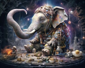 Elephant Cosmic inventor creating devices of cosmic wonder - obrazy, fototapety, plakaty