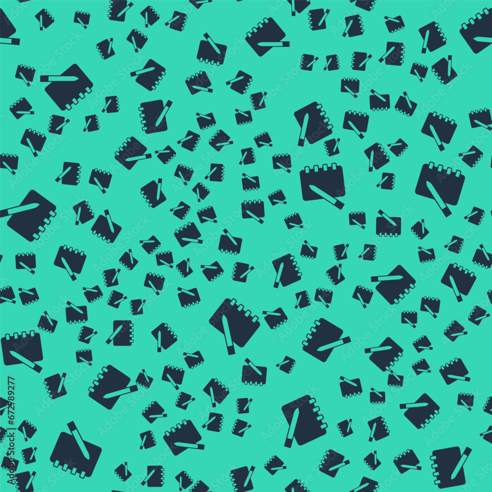 Poster black notebook icon isolated seamless pattern on green background. spiral notepad icon. school noteb