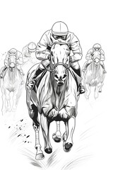 horse race in black and white line art illustration