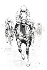 horse race in black and white line art illustration