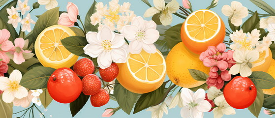 Seamless pattern of berries, lemons, strawberries, blackberries, raspberries and jasmine flowers