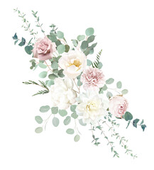 Silver sage green and blush pink flowers vector design bouquet. Dusty mauve rose, white dahlia, carnation