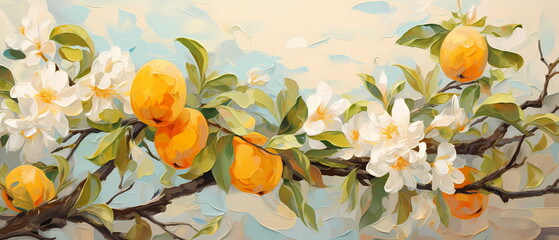 Watercolor painting of tangerines with white flowers on blue background