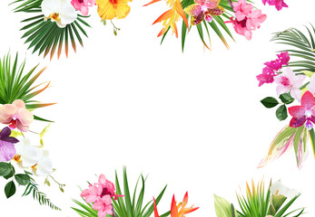 Tropical banner arranged from exotic emerald leaves and exotic flowers. Paradise plants, greenery and palm - obrazy, fototapety, plakaty