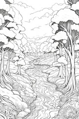 magical forest village lineart sketch illustration