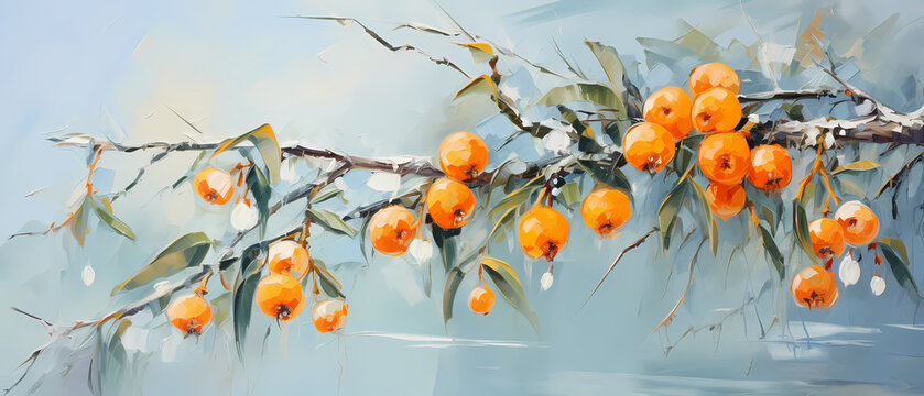 sea buckthorn berries scattered on a dark green background, texture painting with oil brush stroke, palette knife paint on canvas