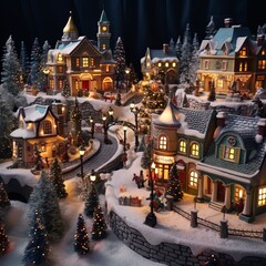 A Christmas village covered in snow, creating a joyful and warm holiday atmosphere, with snowfall and Christmas trees.