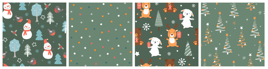 
Set of seamless patterns with winter forest, cute animals, snowmen, festive abstract Christmas trees. Vector graphics.